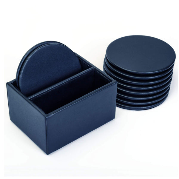 Navy Blue Leatherette 10 Round Coaster Set w/ Holder