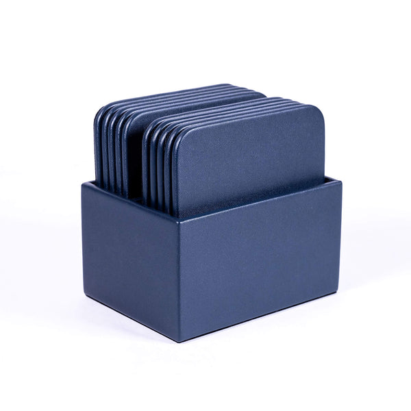 Navy Blue Leatherette 10 Square Coaster Set w/ Holder