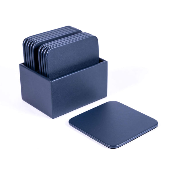 Navy Blue Leatherette 10 Square Coaster Set w/ Holder