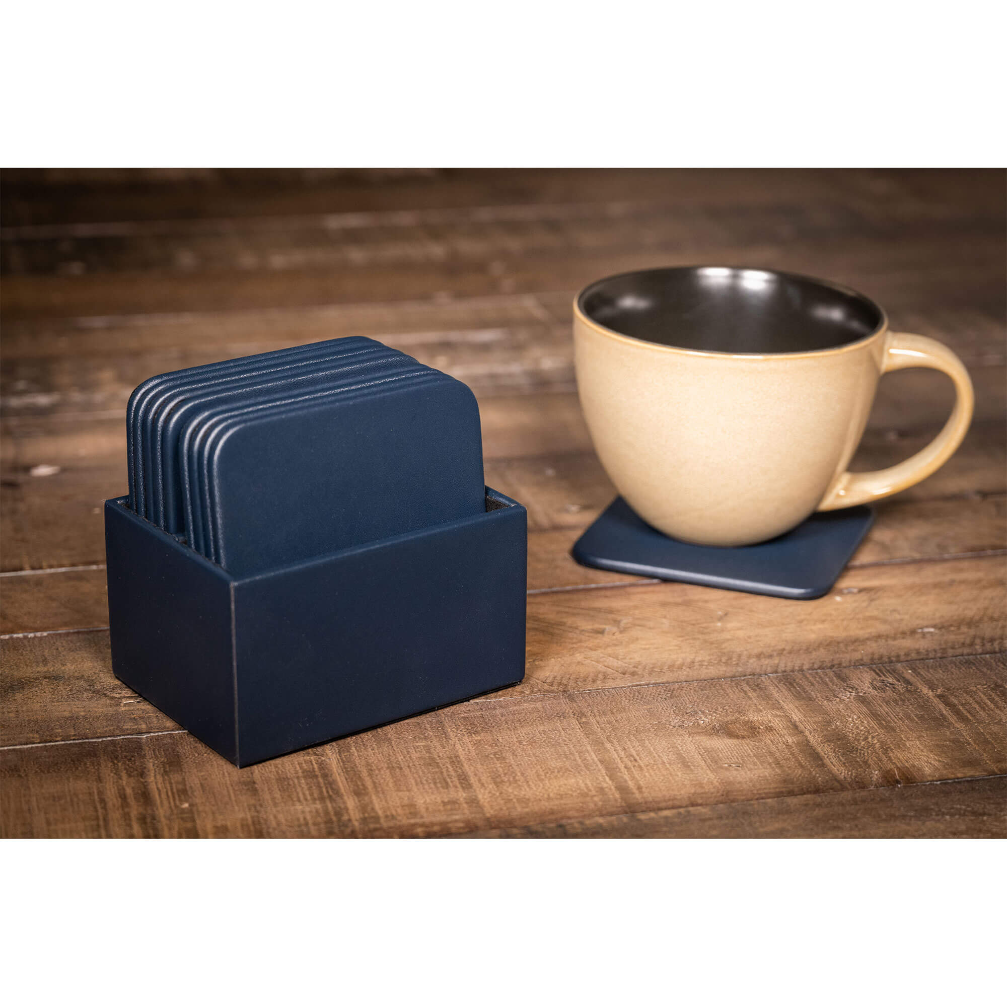 Navy Blue Leatherette 10 Square Coaster Set w/ Holder