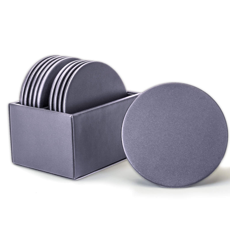 Gray Leather 10 Round Coaster Set w/ Holder