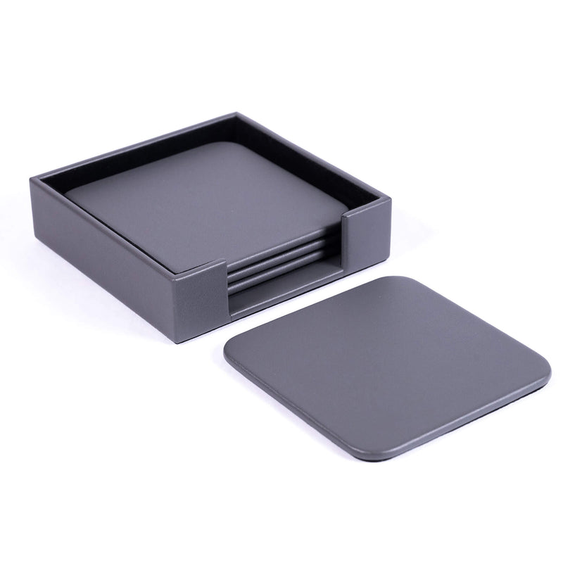 Gray Leather 4 Square Coaster Set w/ Holder