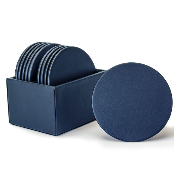 Navy Blue Leather 10 Round Coaster Set w/ Holder