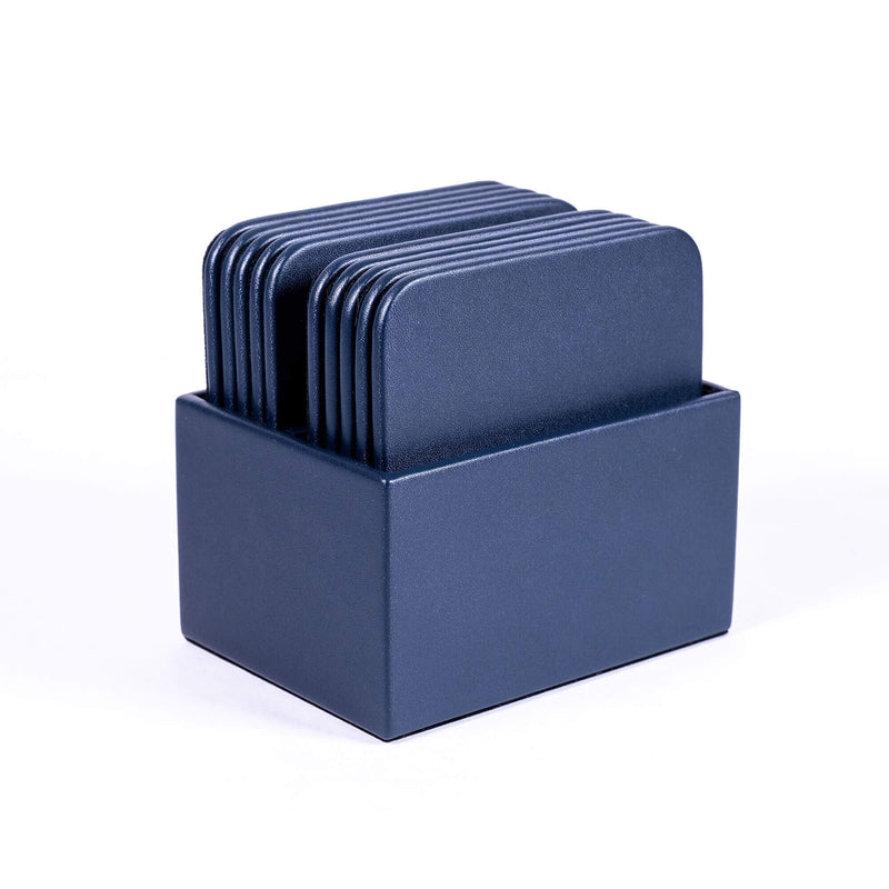 Navy Blue Leather 10 Square Coaster Set w/ Holder