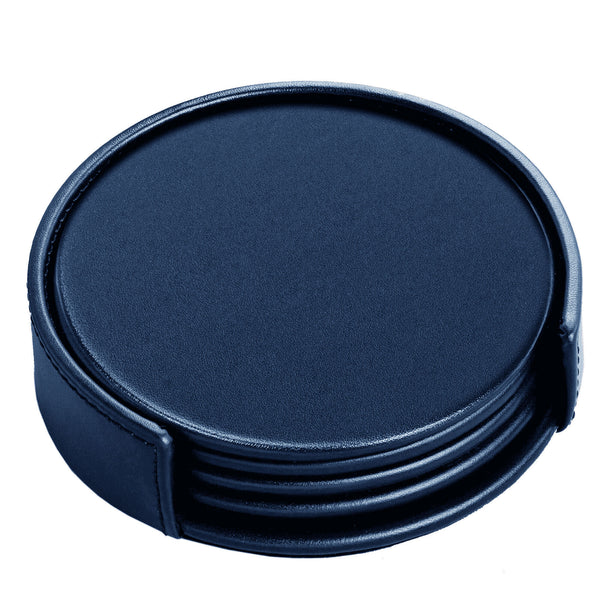 Navy Blue Leather 4 Round Coaster Set w/ Holder