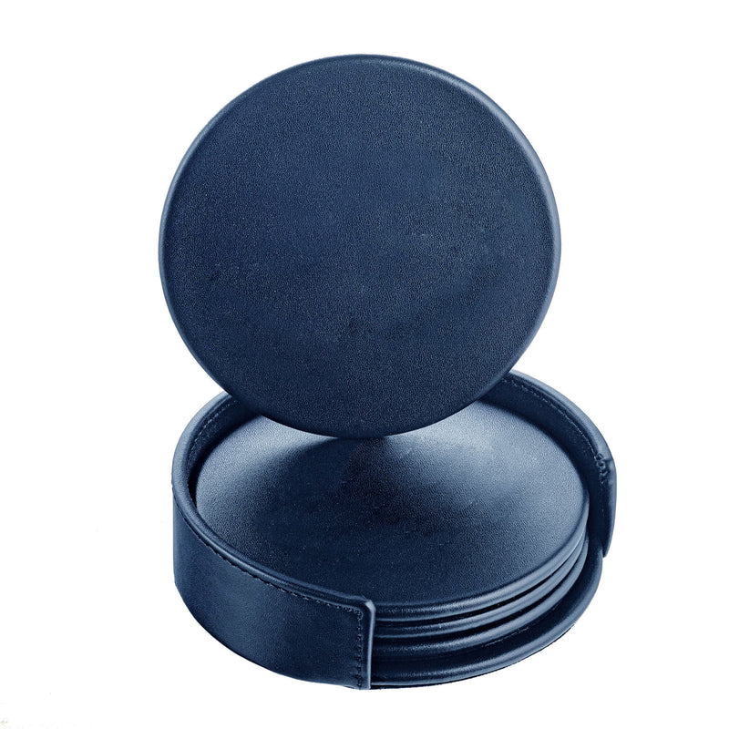 Navy Blue Leather 4 Round Coaster Set w/ Holder