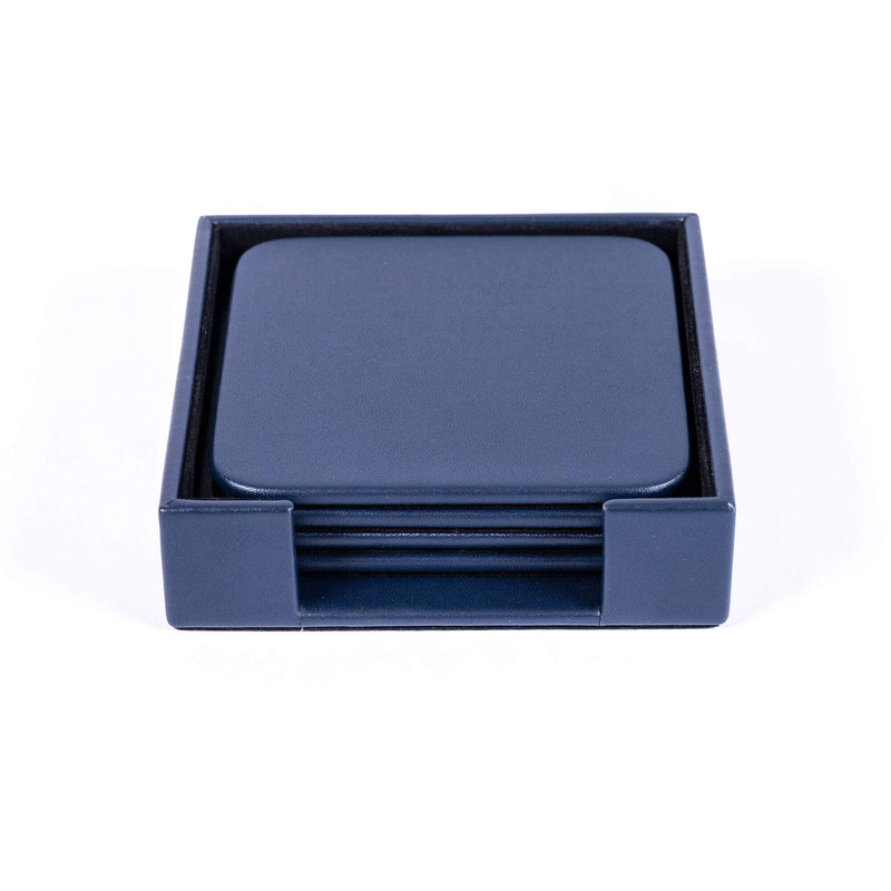 Navy Blue Leather 4 Square Coaster Set w/ Holder