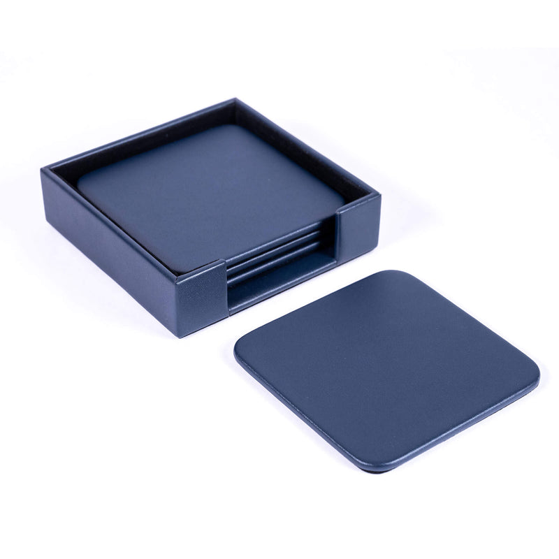 Navy Blue Leather 4 Square Coaster Set w/ Holder