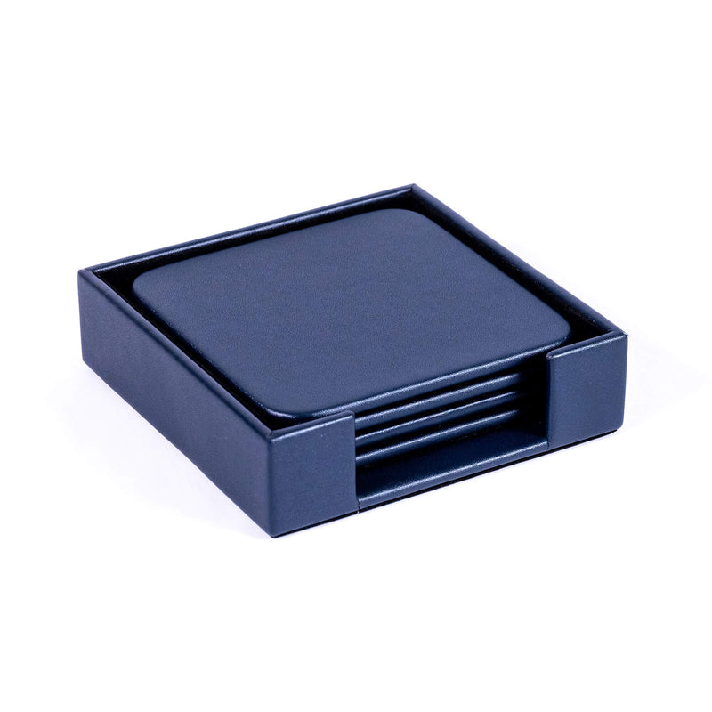 Navy Blue Leather 4 Square Coaster Set w/ Holder