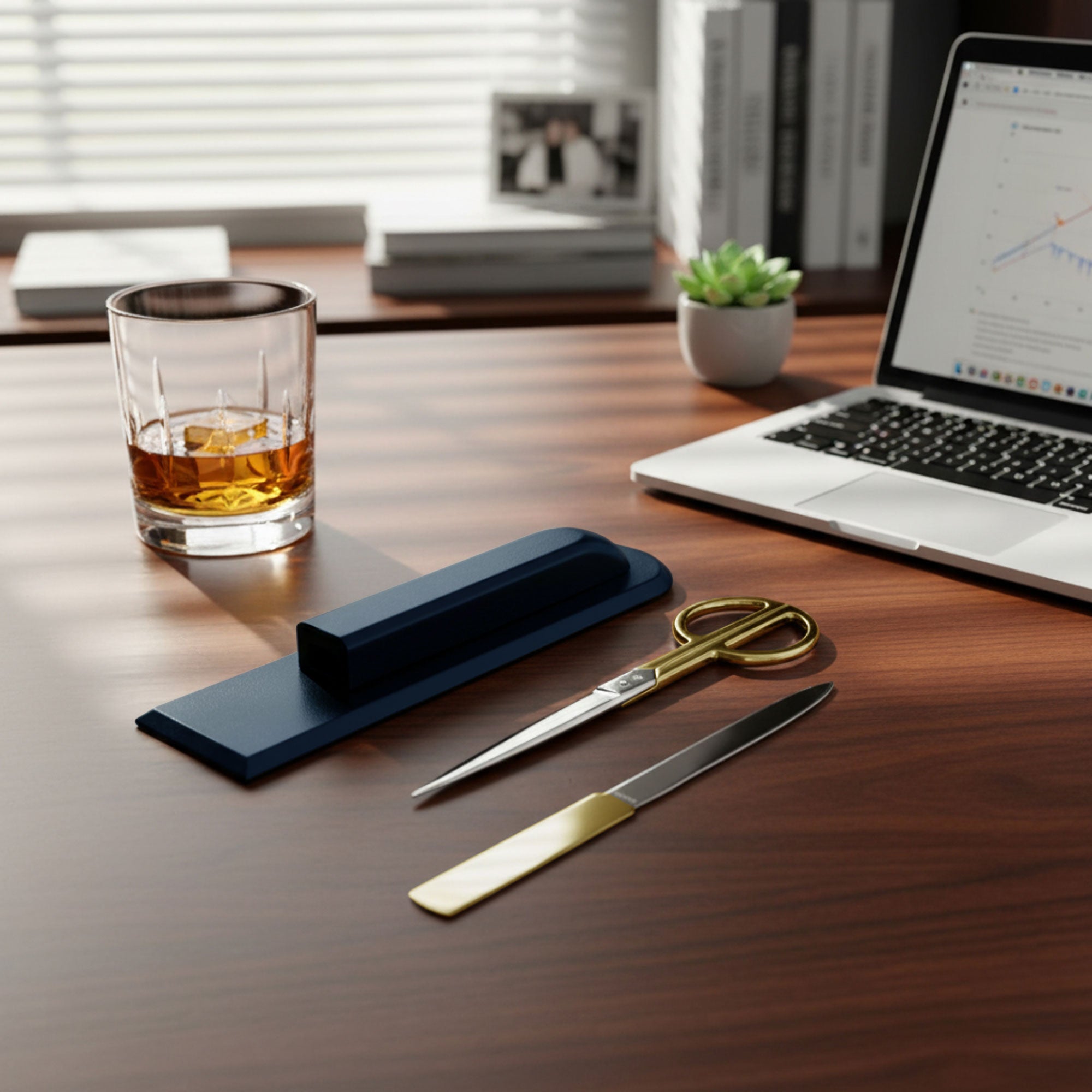 Navy Blue Leather Library Set With Gold Hardware