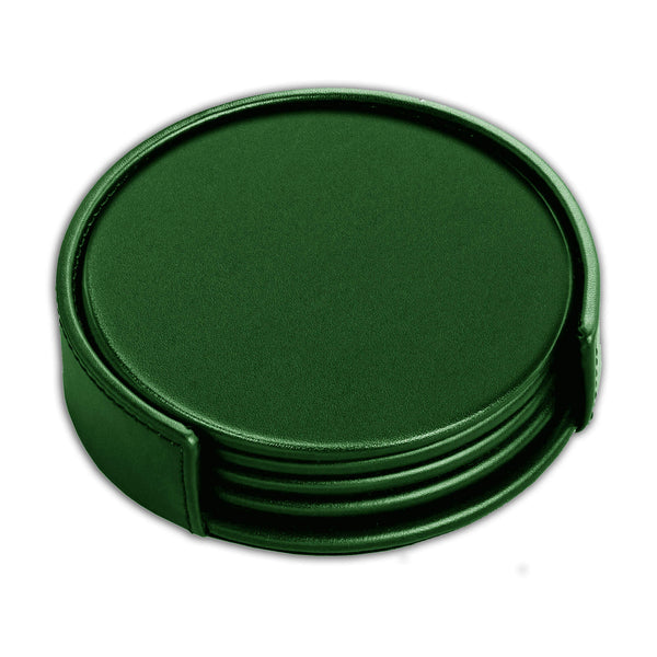 Dark Green Leatherette 4 Round Coaster Set w/ Holder
