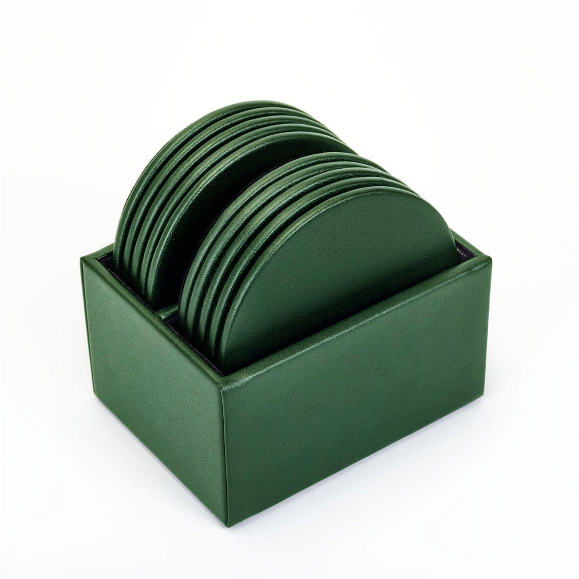 Dark Green Leatherette 10 Round Coaster Set w/ Holder