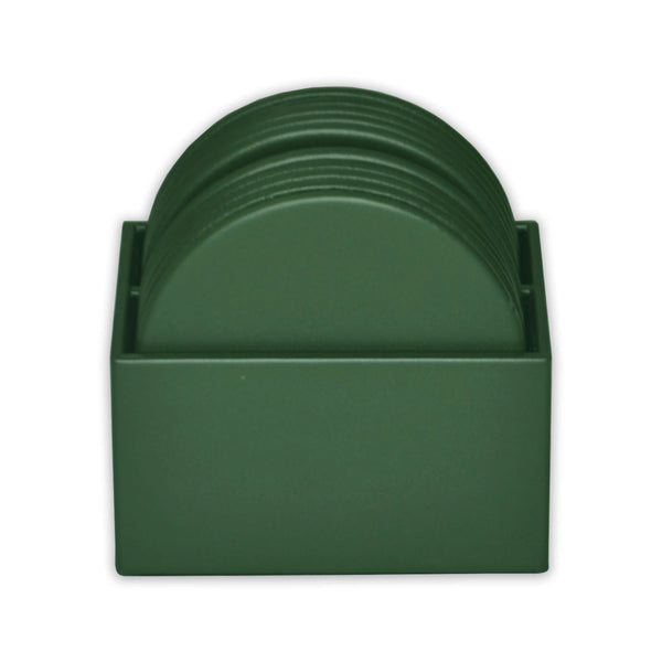 Dark Green Leatherette 10 Round Coaster Set w/ Holder