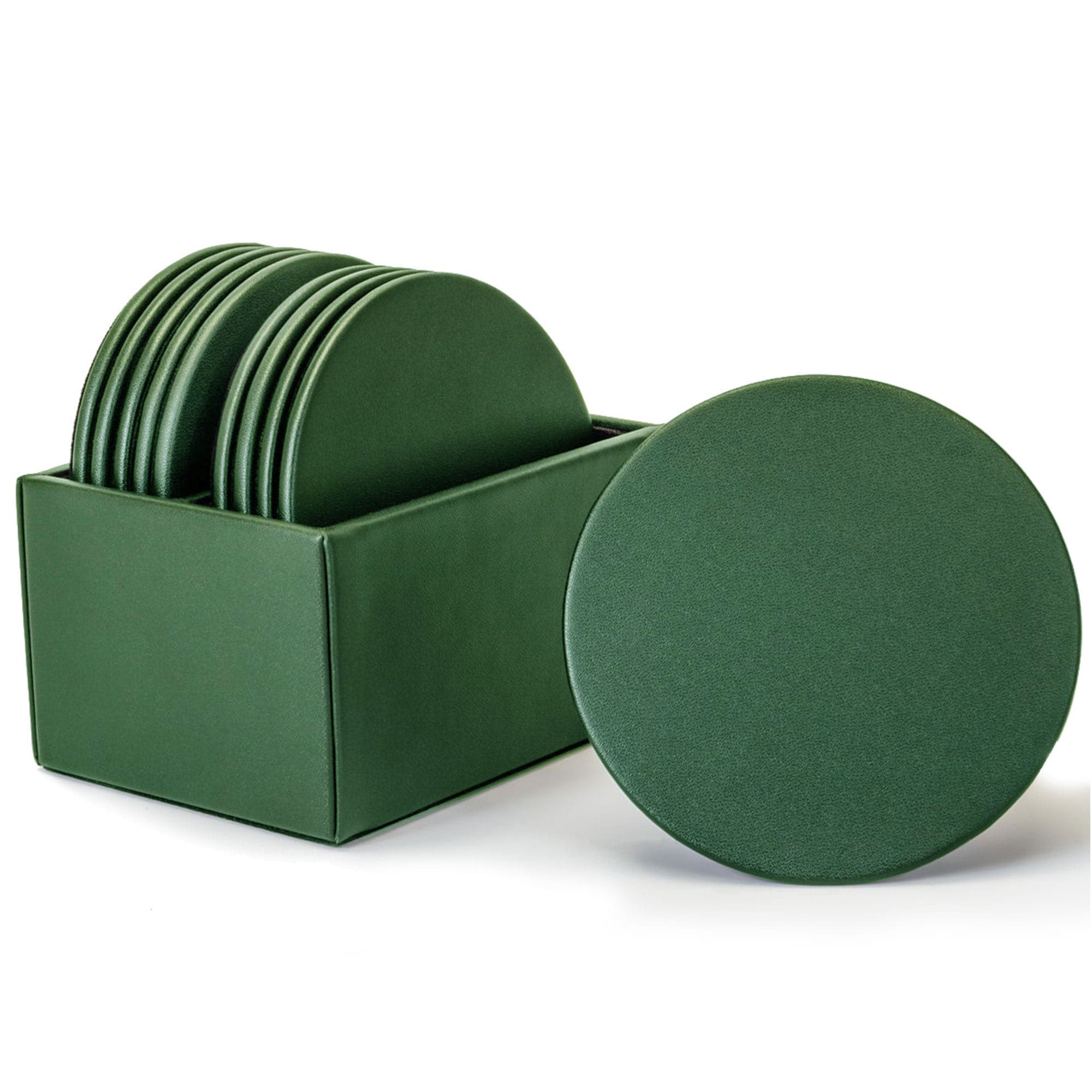 Dark Green Leatherette 10 Round Coaster Set w/ Holder
