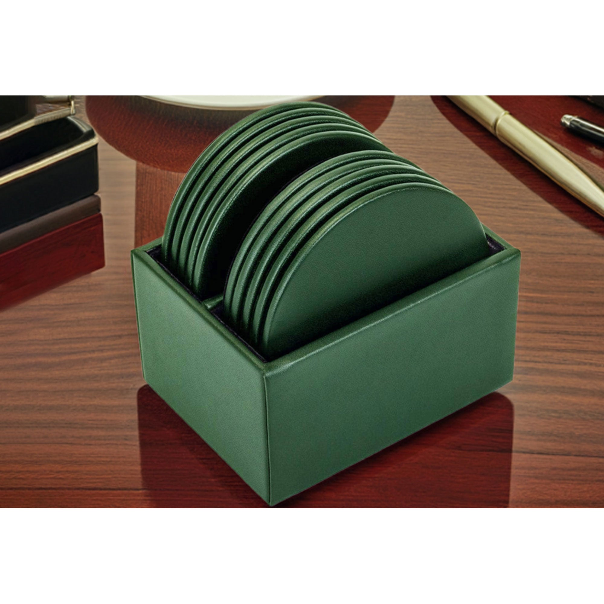 Dark Green Leatherette 10 Round Coaster Set w/ Holder