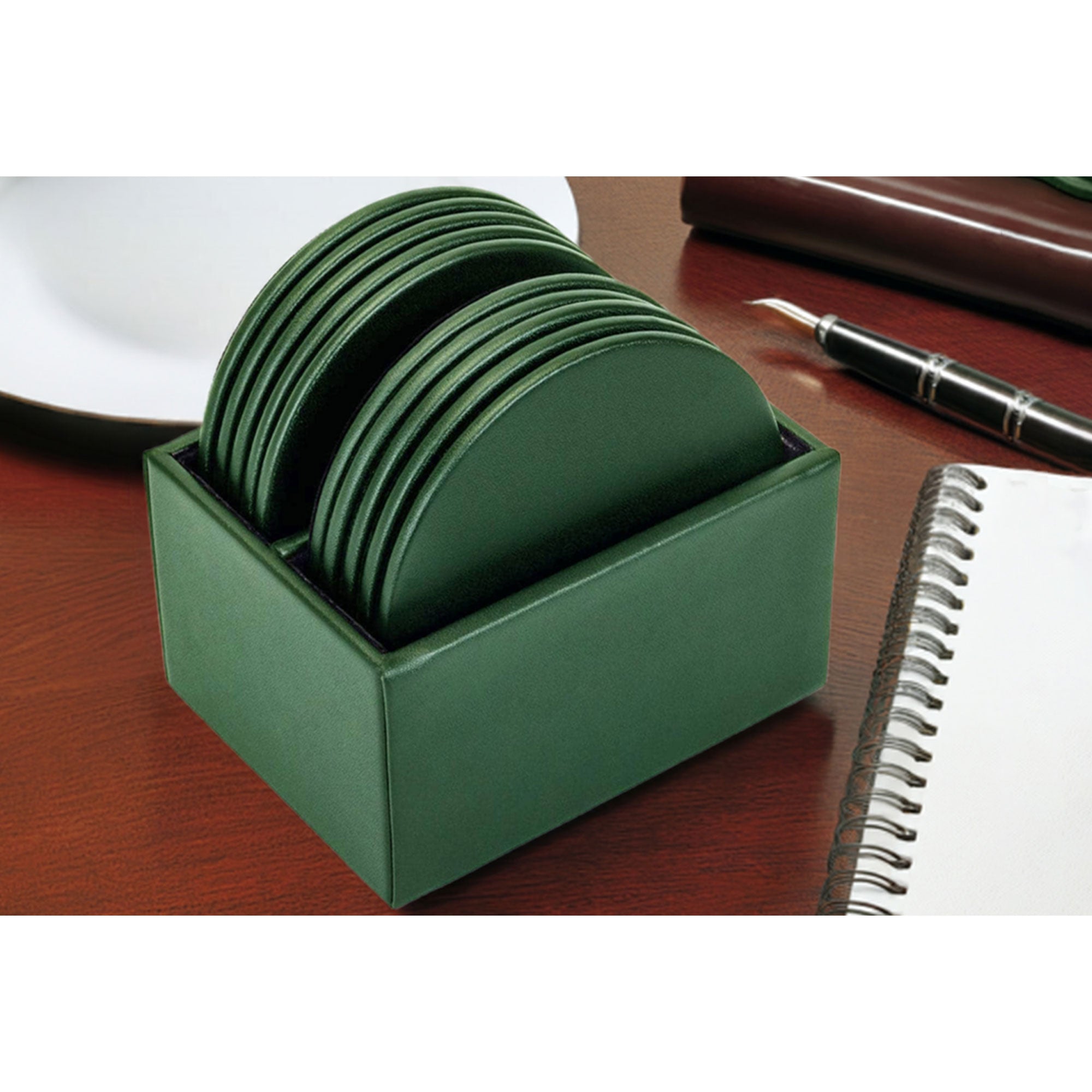 Dark Green Leatherette 10 Round Coaster Set w/ Holder