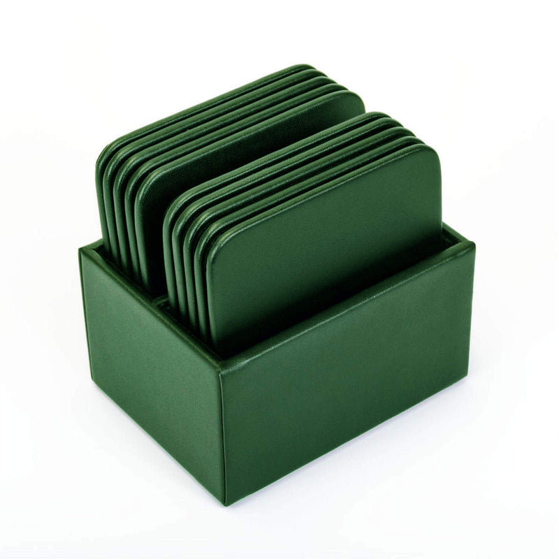 Dark Green Leatherette 10 Square Coaster Set w/ Holder