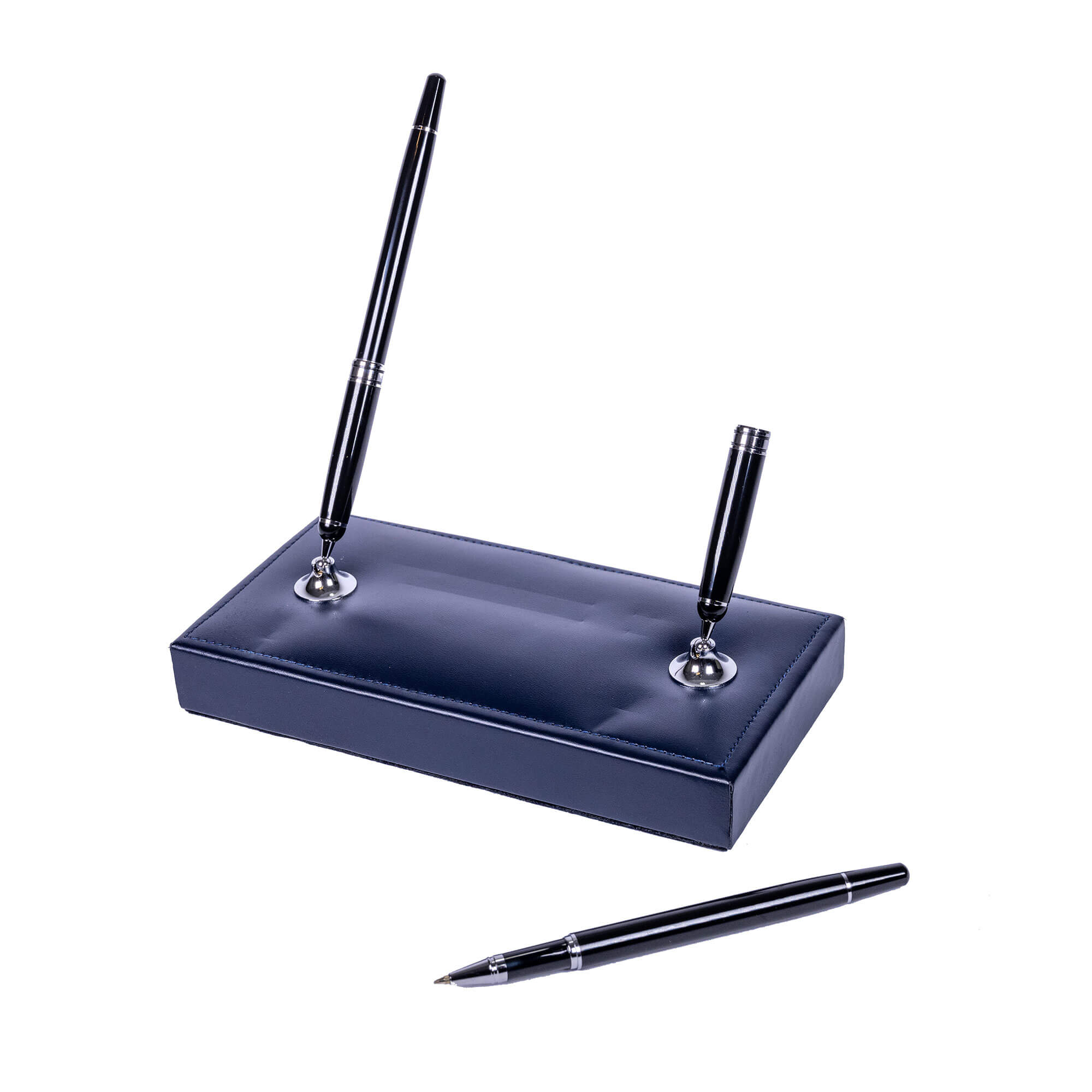 Navy Blue Bonded Leather Double Pen Stand
