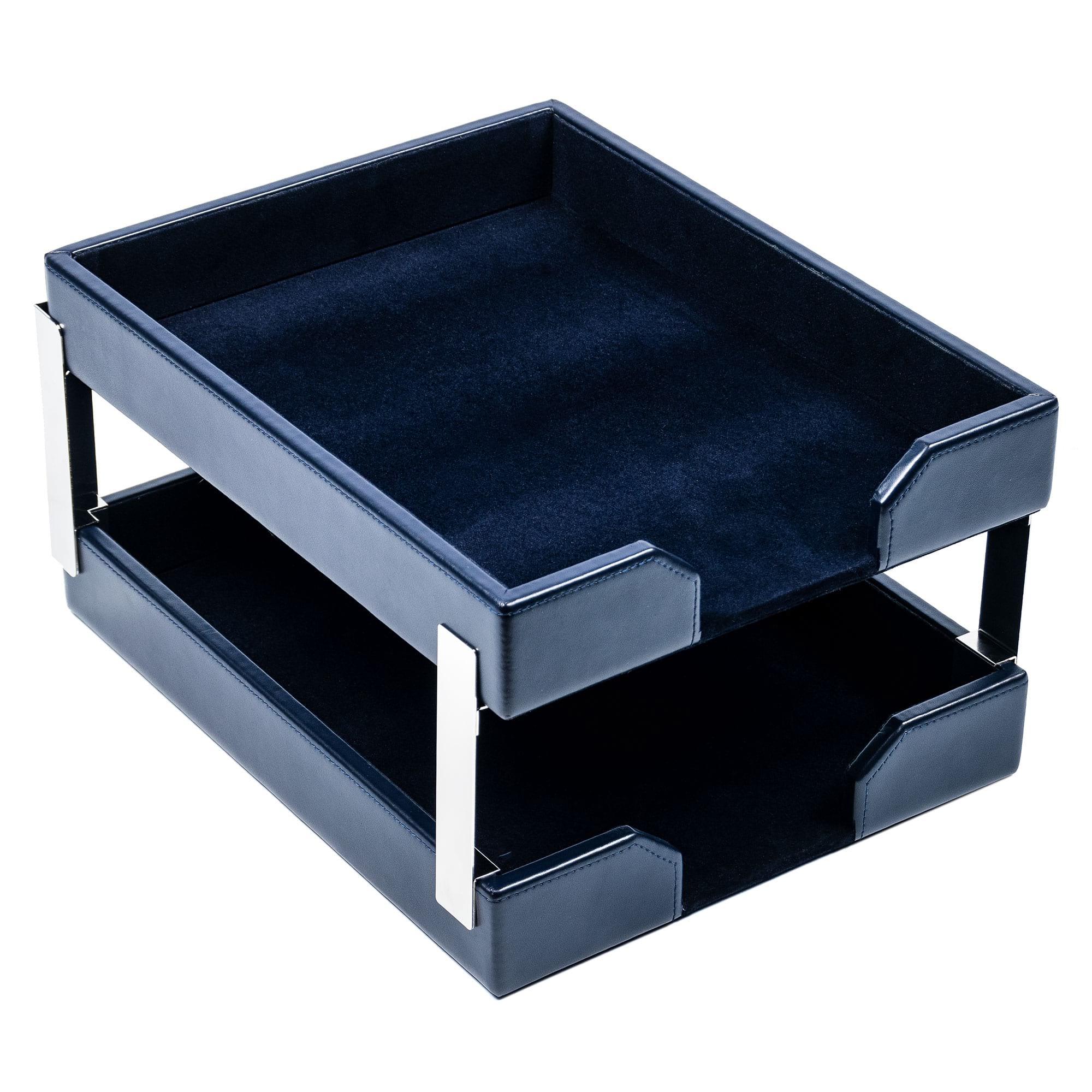 Navy Blue Bonded Leather Double Letter Trays, Silver