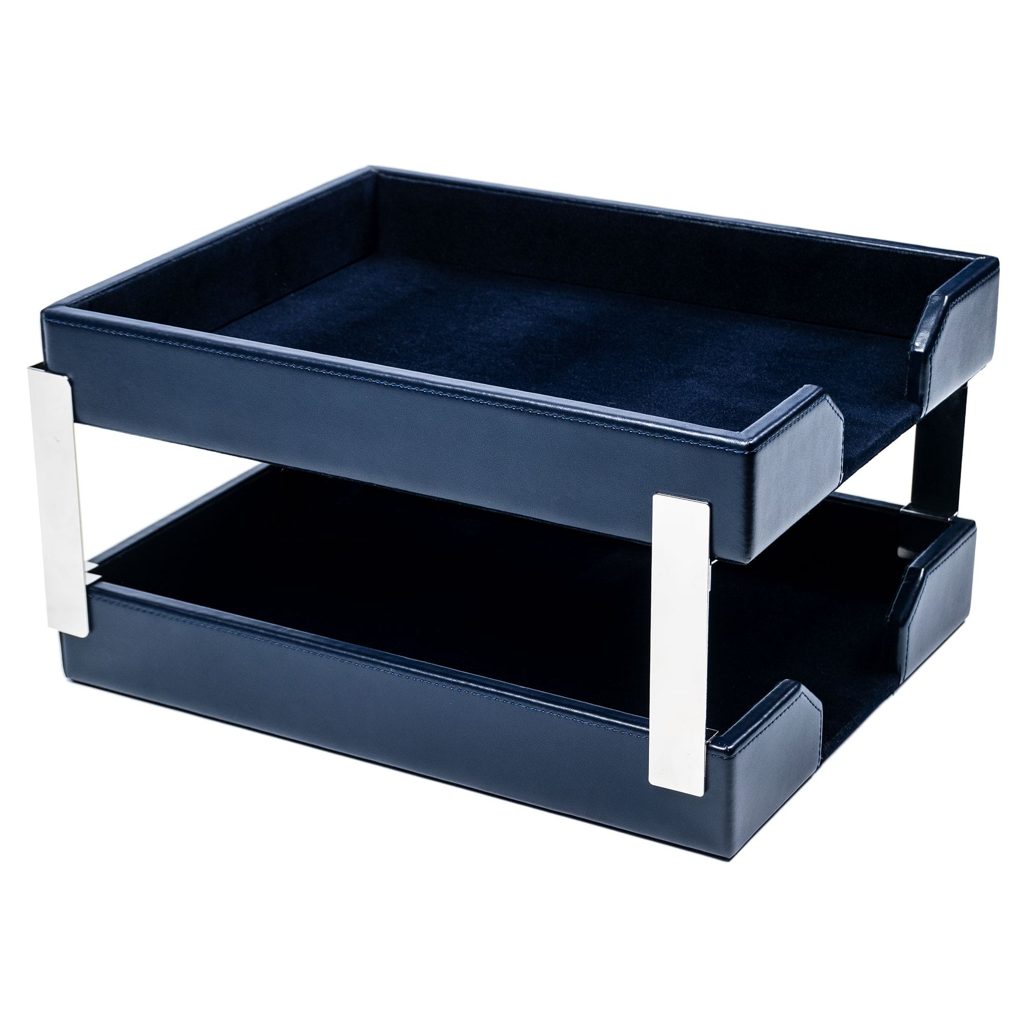 Navy Blue Bonded Leather Double Letter Trays, Silver