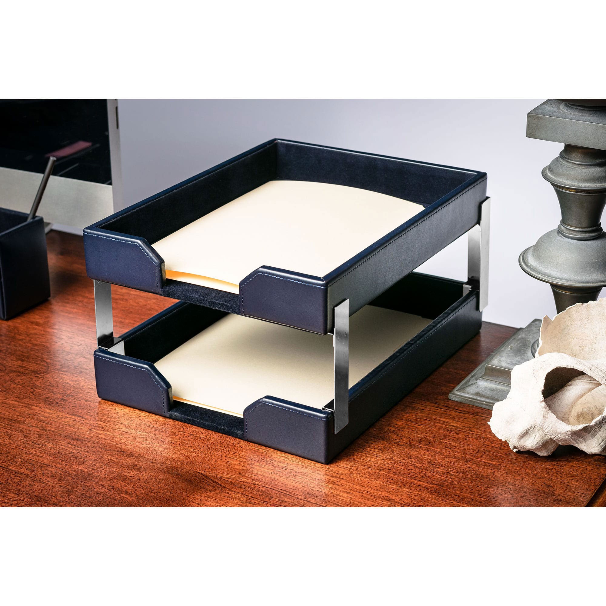 Navy Blue Bonded Leather Double Letter Trays, Silver