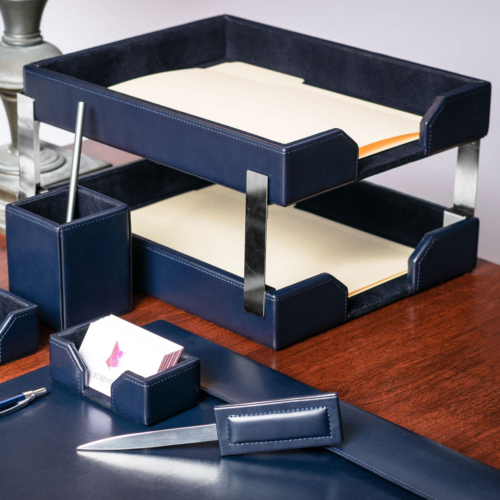 Navy Blue Bonded Leather Double Letter Trays, Silver