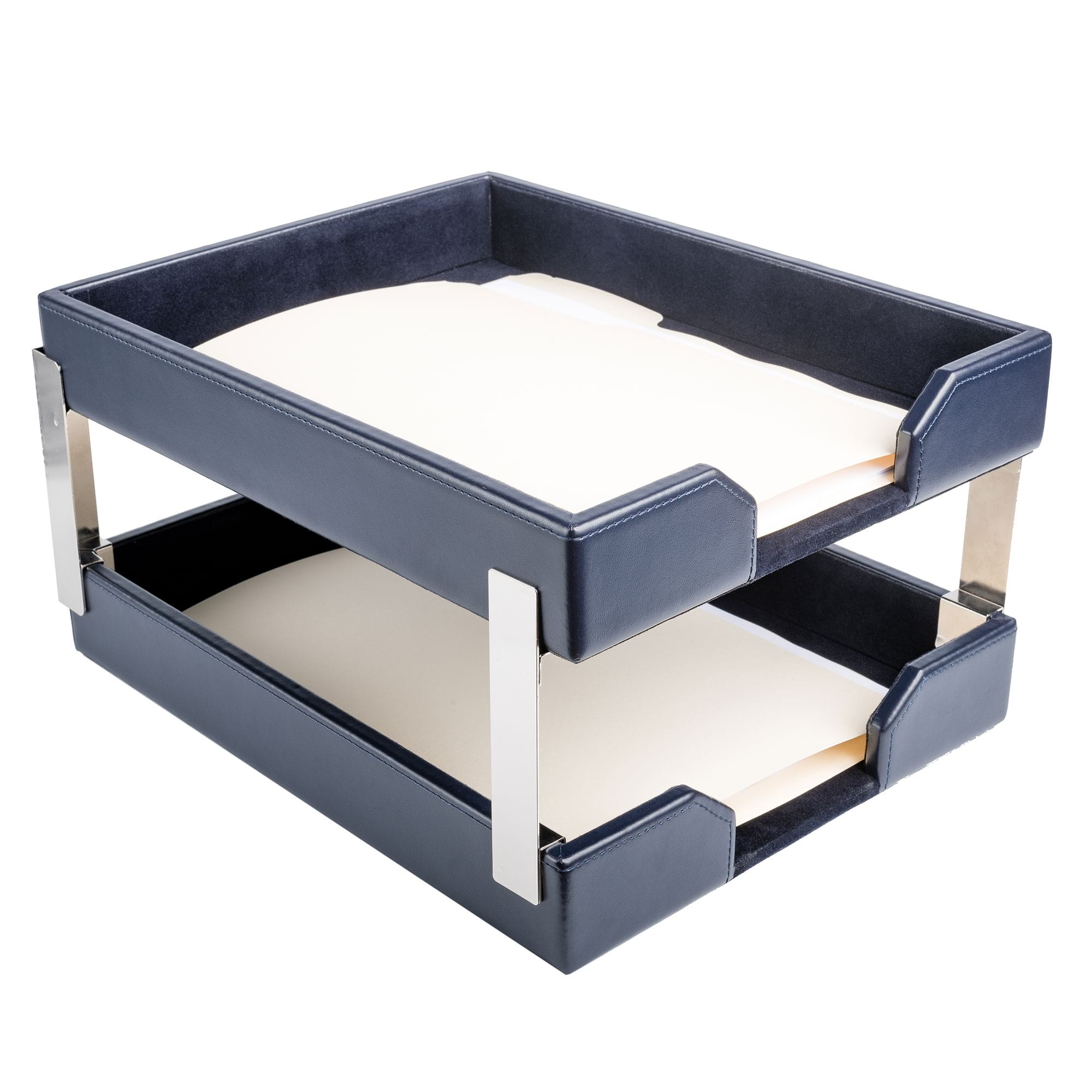 Navy Blue Bonded Leather Double Letter Trays, Silver