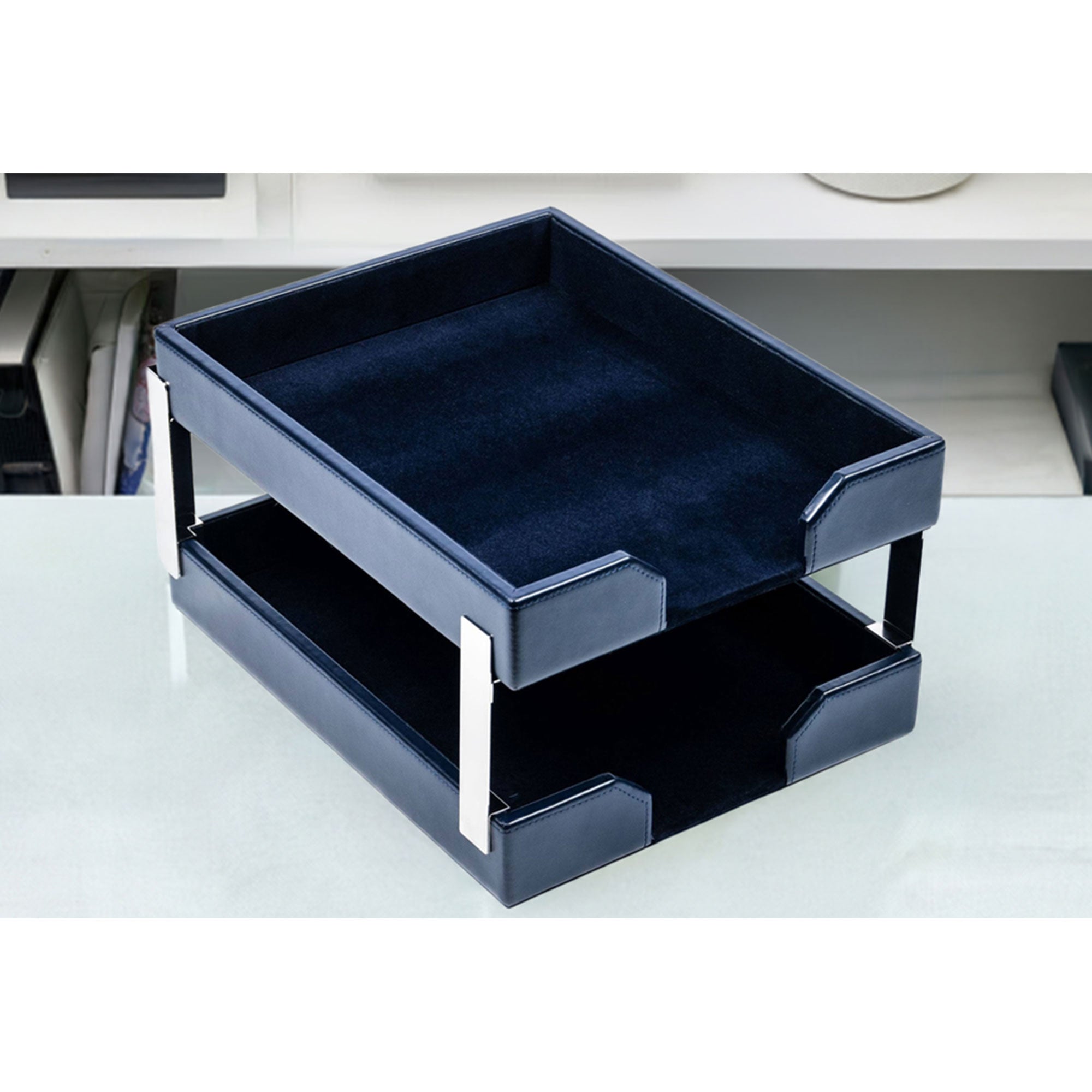 Navy Blue Bonded Leather Double Letter Trays, Silver