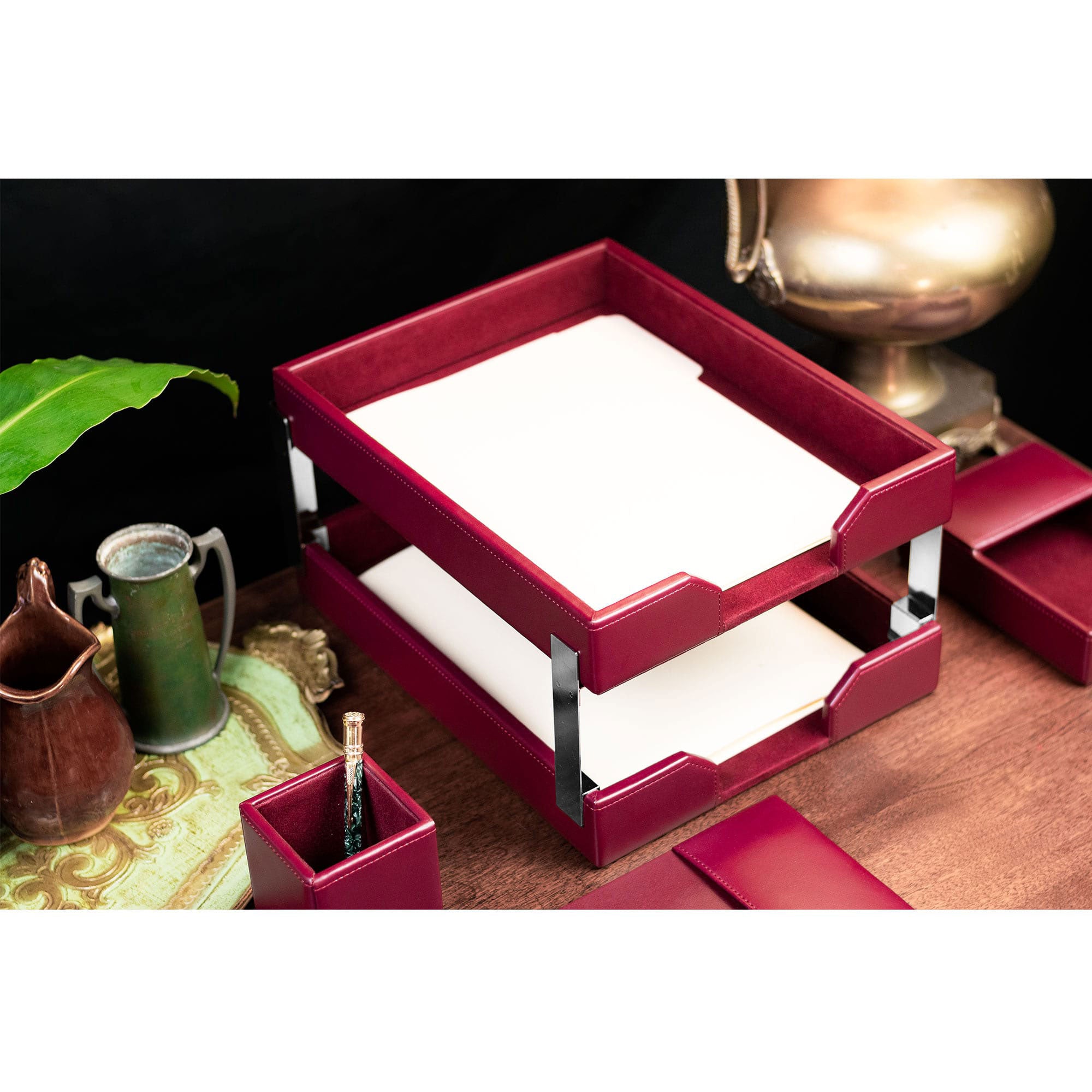 Burgundy Bonded Leather Double Letter Trays, Silver