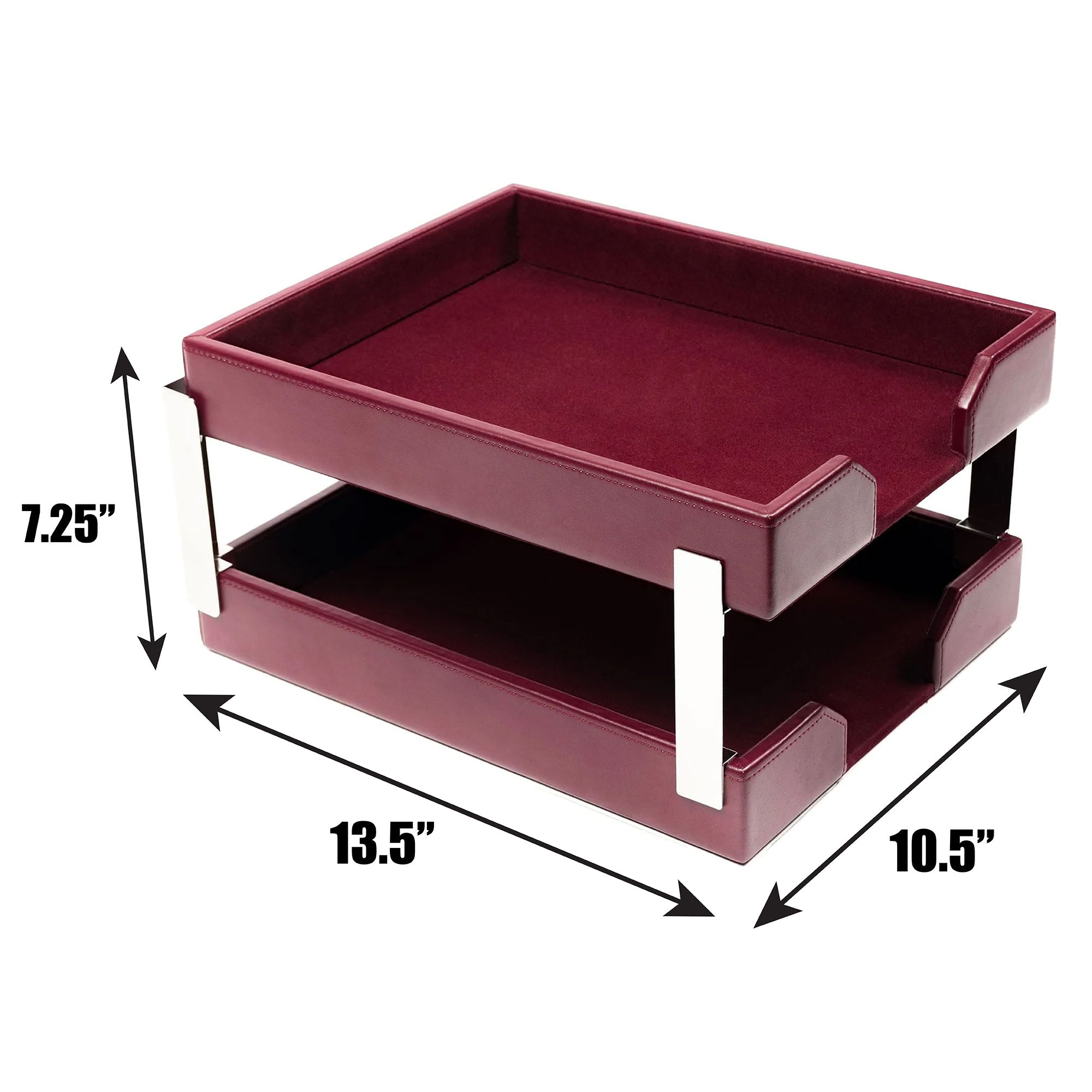 Burgundy Bonded Leather Double Letter Trays, Silver