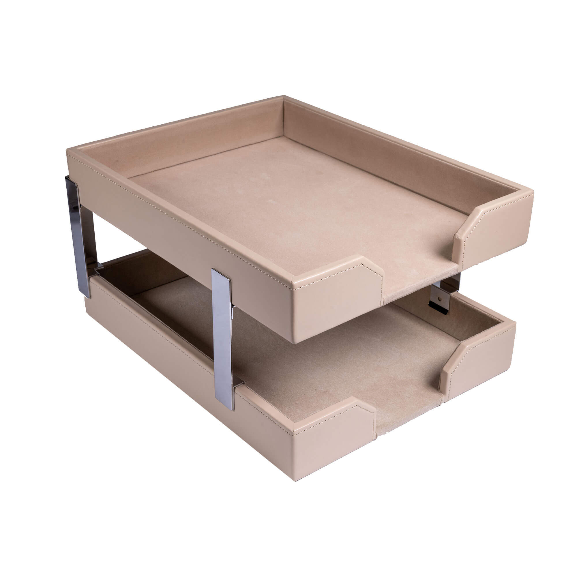 White Latte Bonded Leather Double Letter Trays, Silver