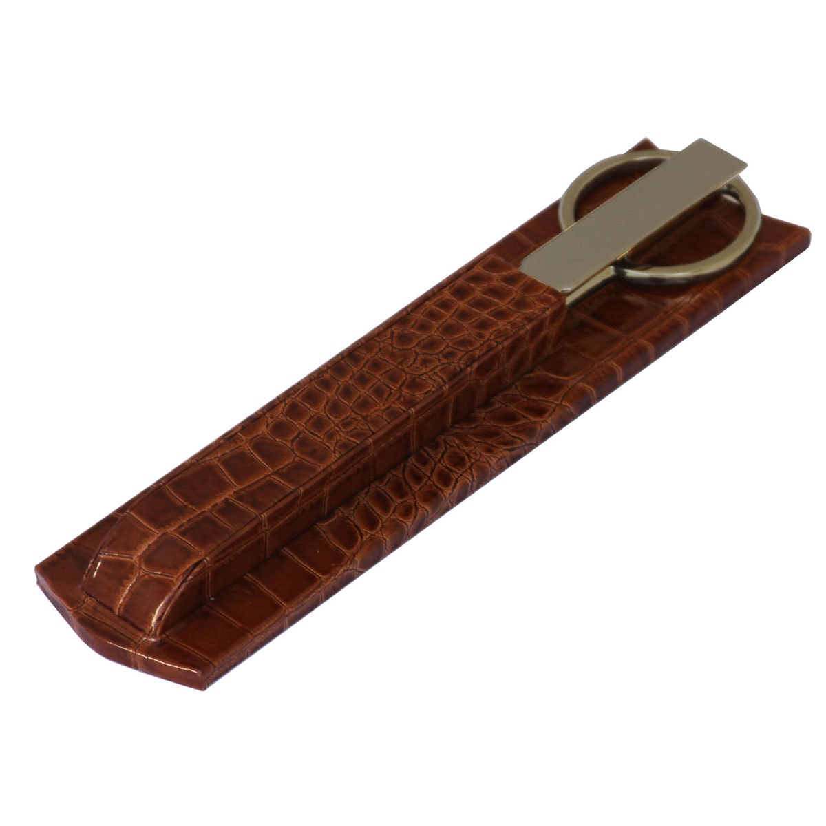 Protacini Cognac Brown Italian Crocodile Leather Library Set - Silver
