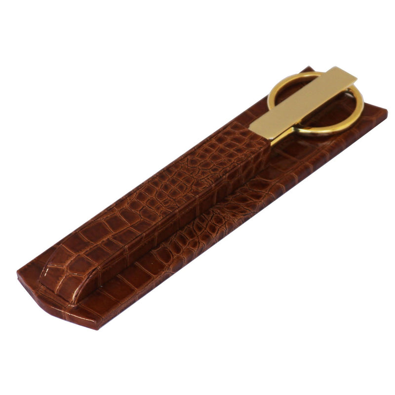 Protacini Cognac Brown Italian Crocodile Leather Library Set - Gold