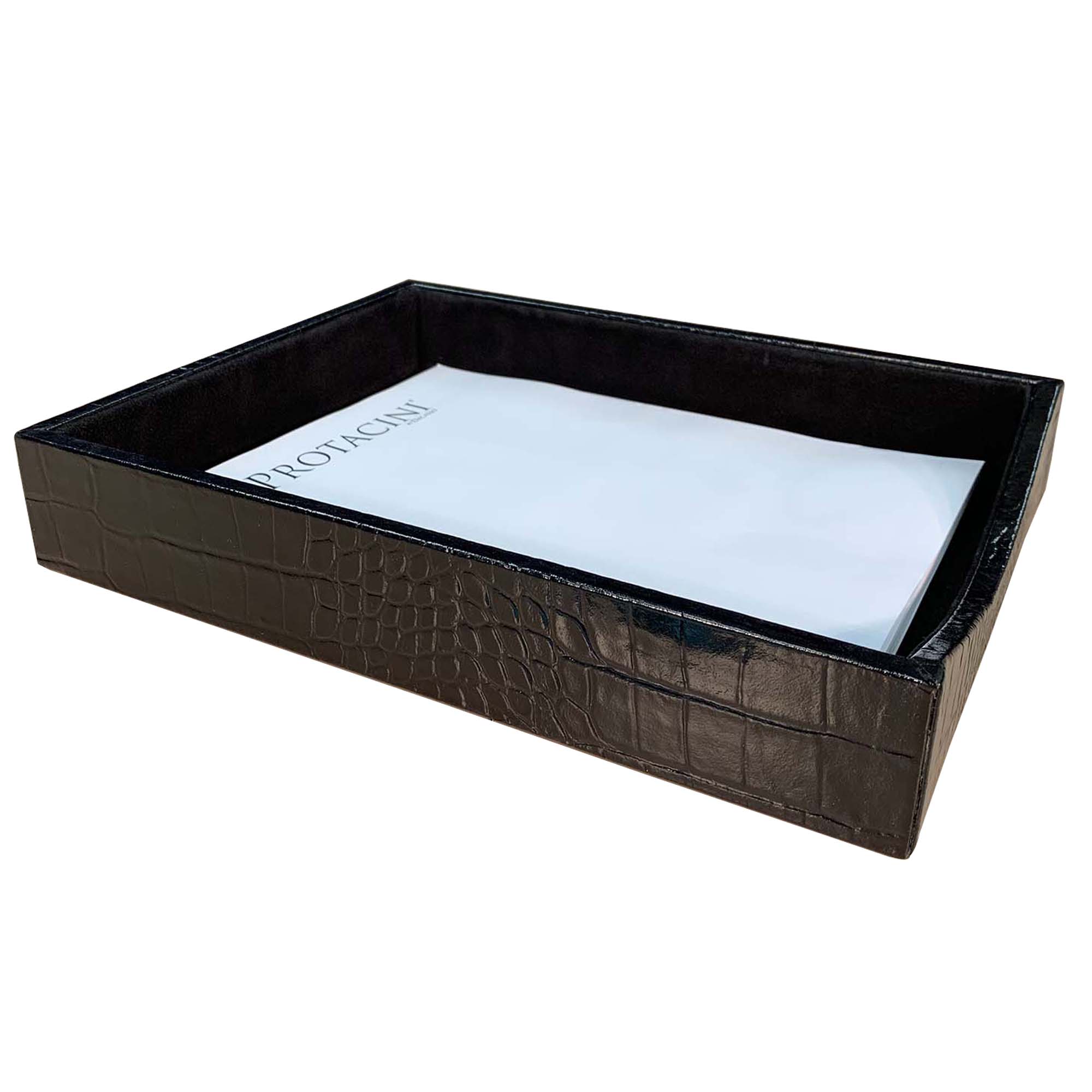 Protacini Black Italian Crocodile Leather Front-Load Letter Tray