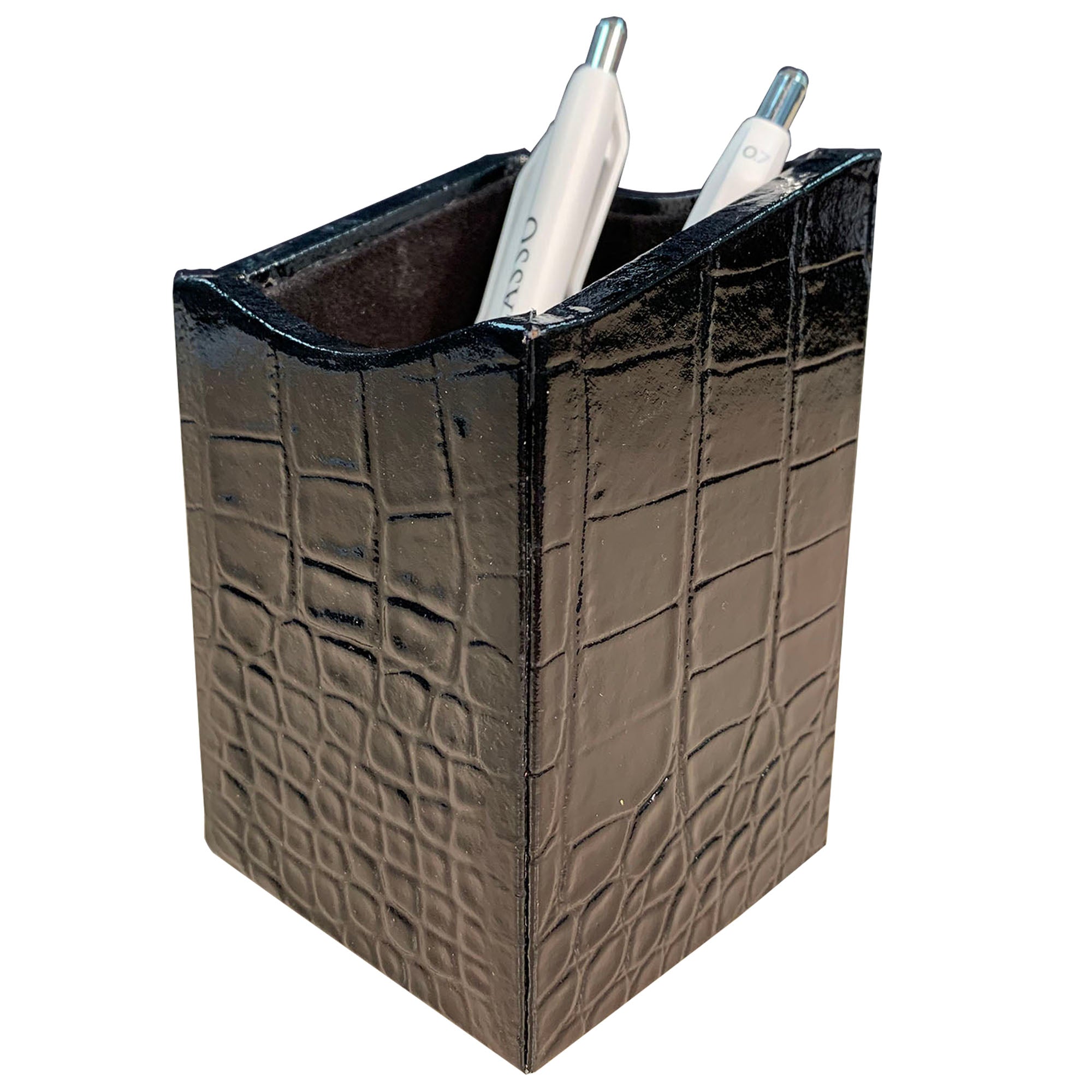 Protacini Black Italian Crocodile Leather Pencil Cup