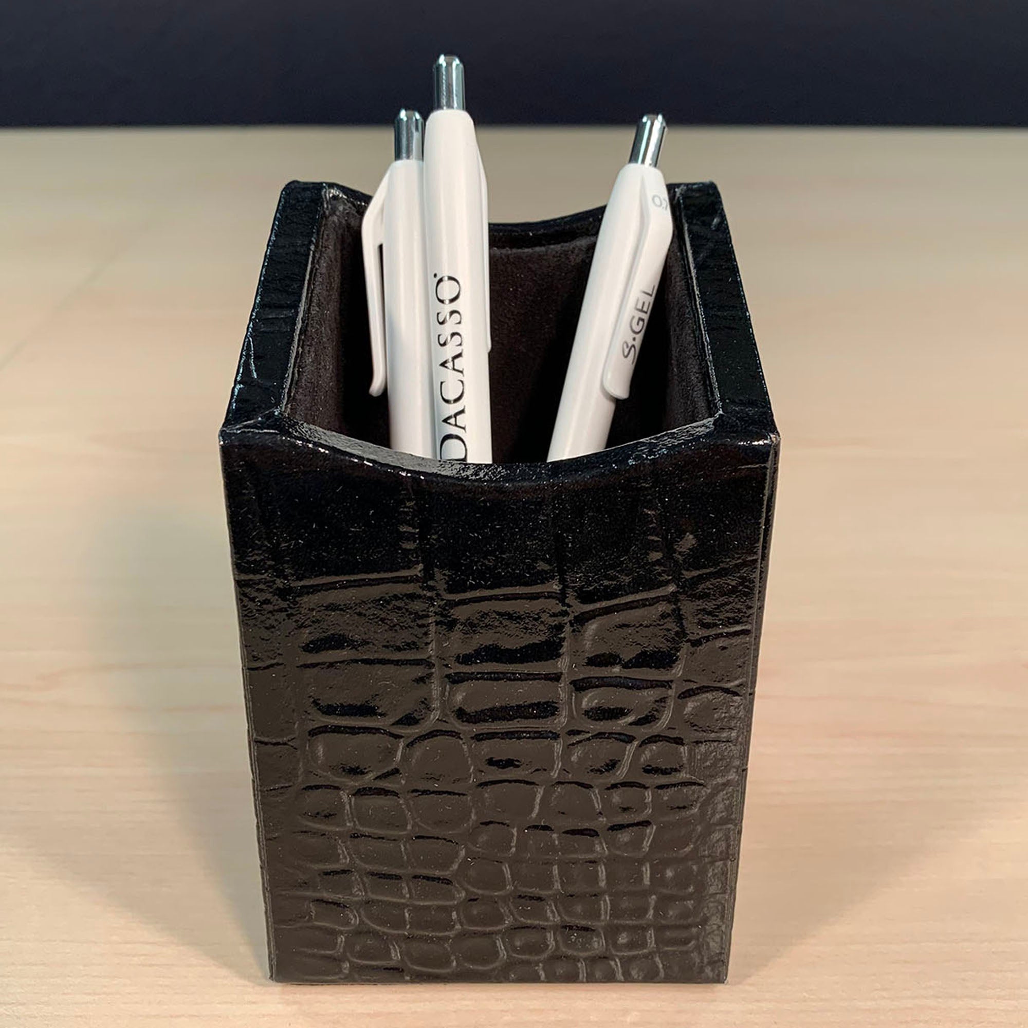 Protacini Black Italian Crocodile Leather Pencil Cup