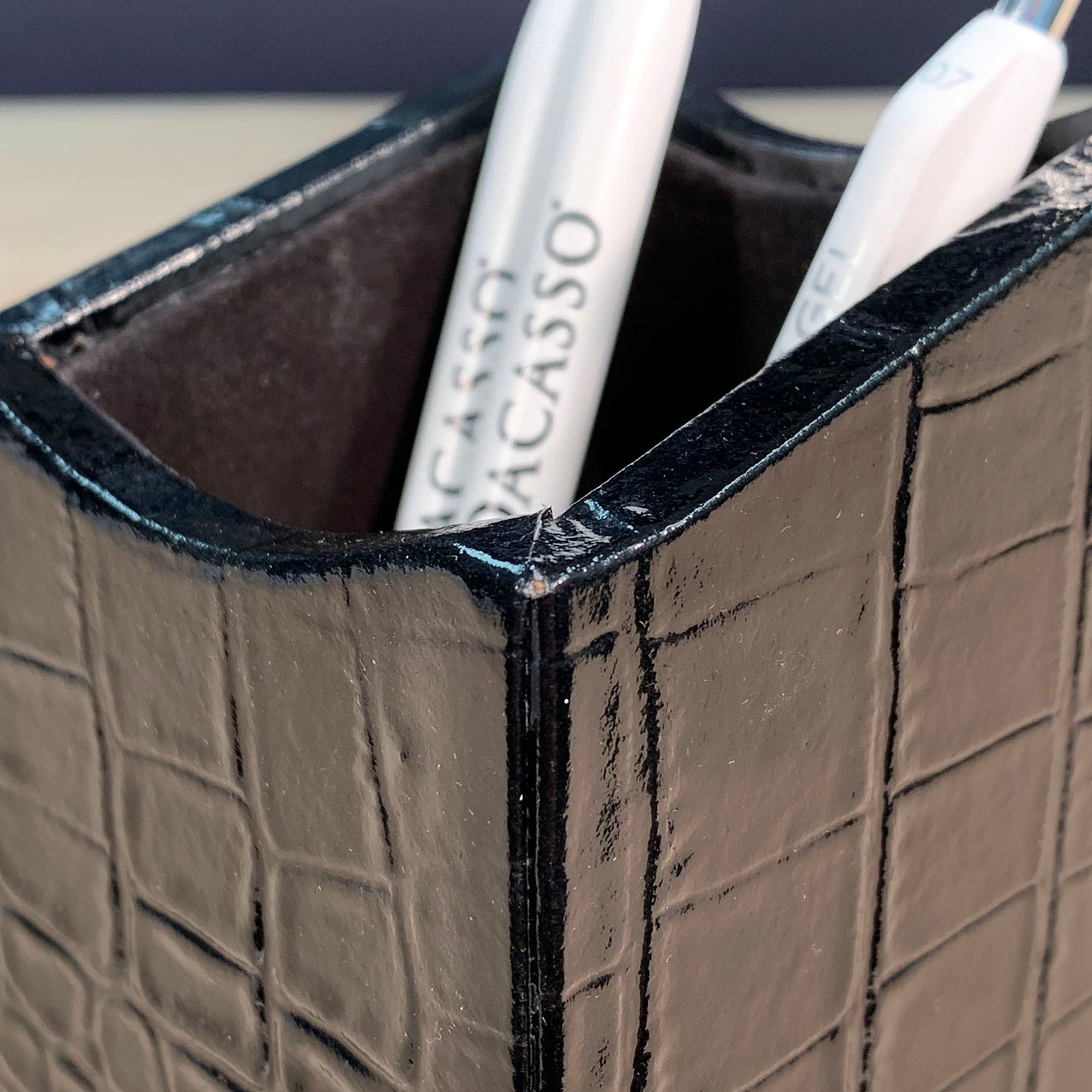 Protacini Black Italian Crocodile Leather Pencil Cup