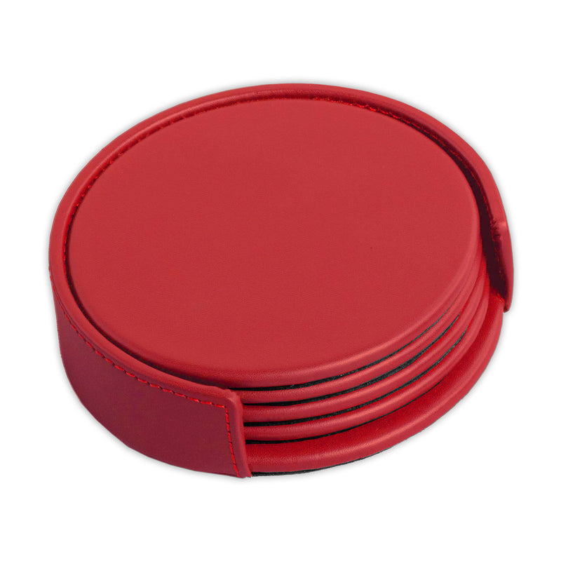 Red Leatherette 4 Round Coaster Set w/ Holder