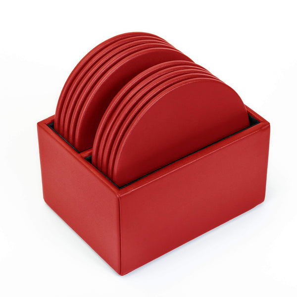 Red Leatherette 10 Round Coaster Set w/ Holder