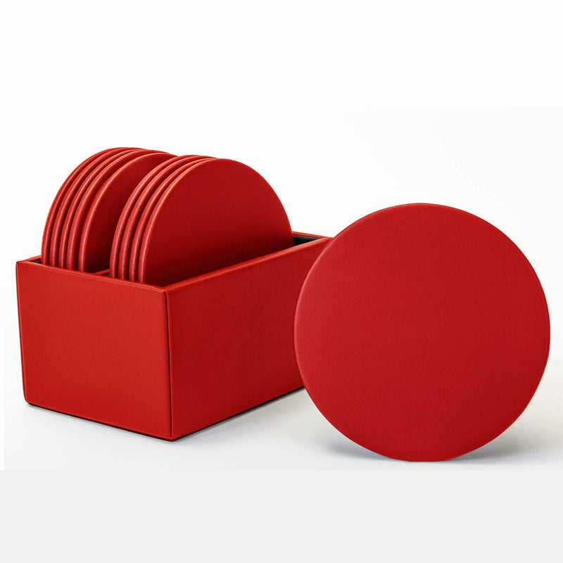 Red Leatherette 10 Round Coaster Set w/ Holder