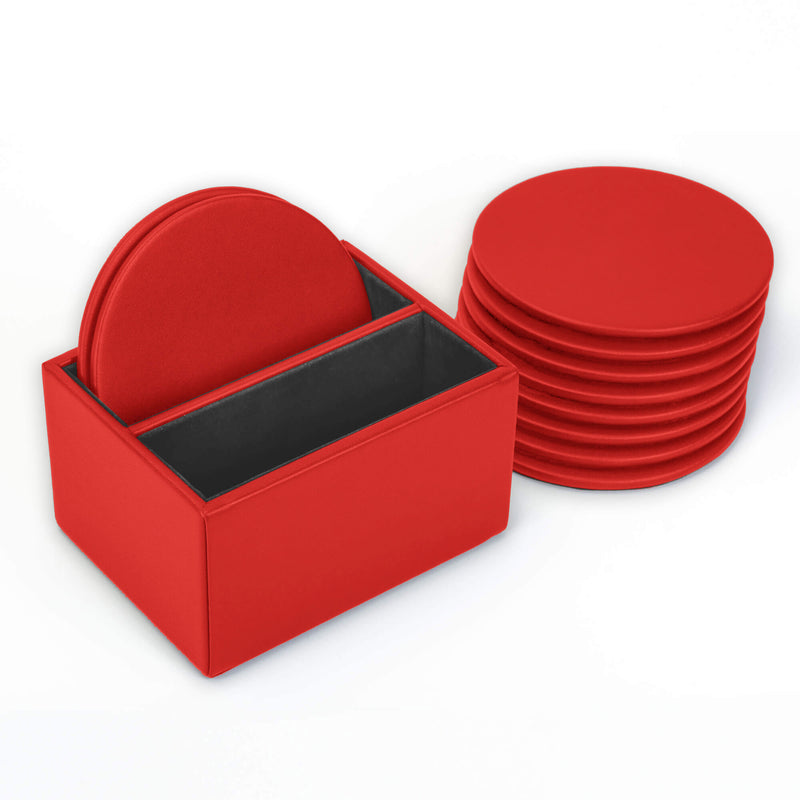 Red Leatherette 10 Round Coaster Set w/ Holder