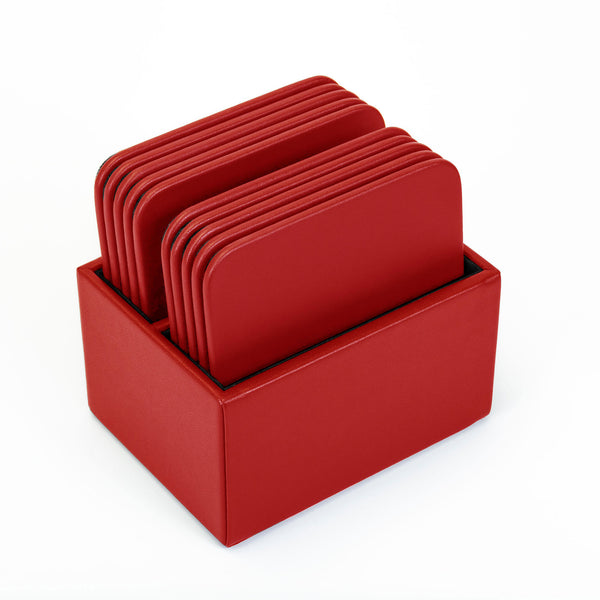 Red Leatherette 10 Square Coaster Set w/ Holder