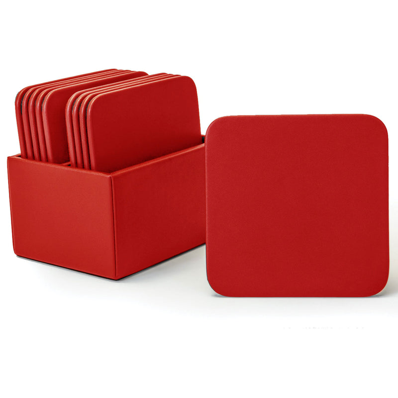 Red Leather 10 Square Coaster Set w/ Holder