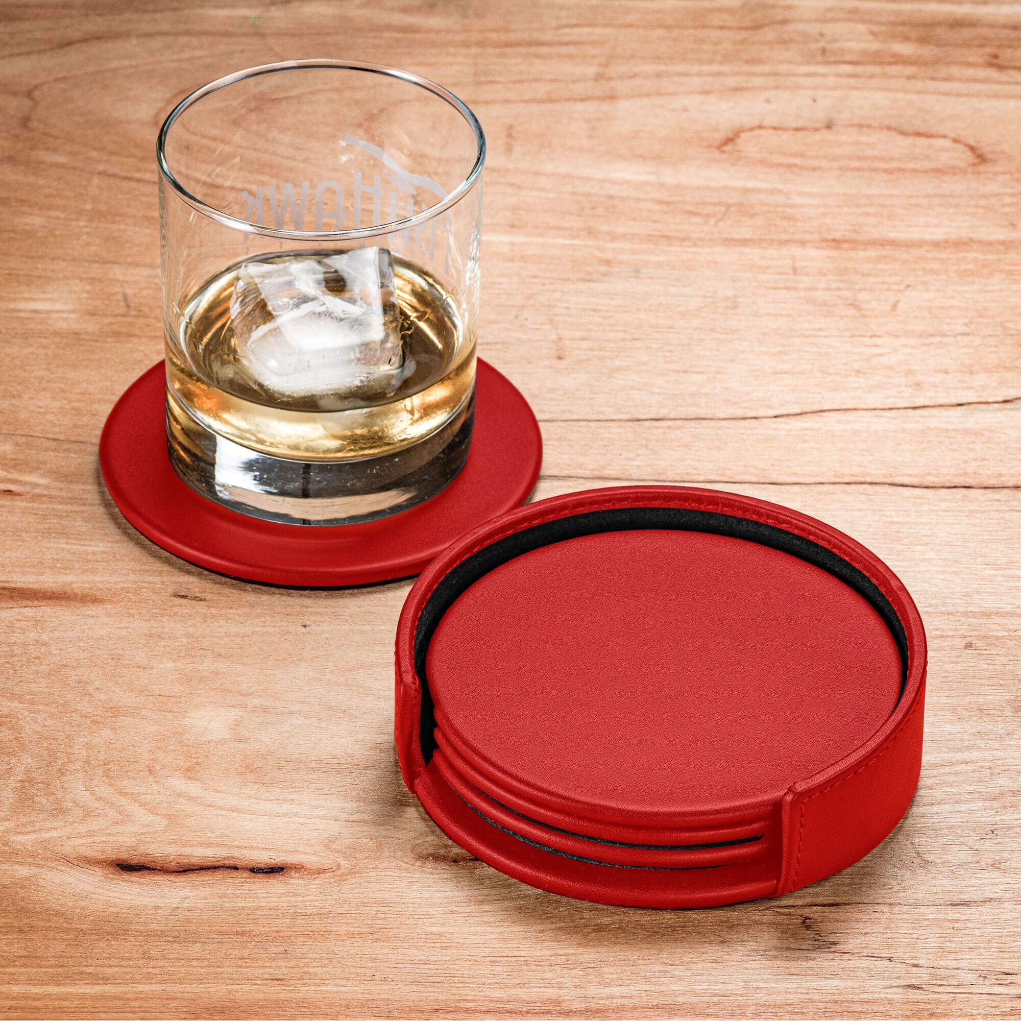 Red Leather 4 Round Coaster Set w/ Holder