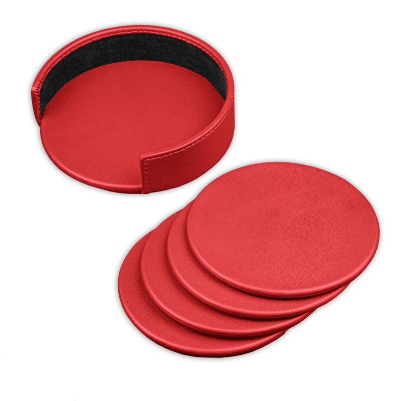 Red Leather 4 Round Coaster Set w/ Holder