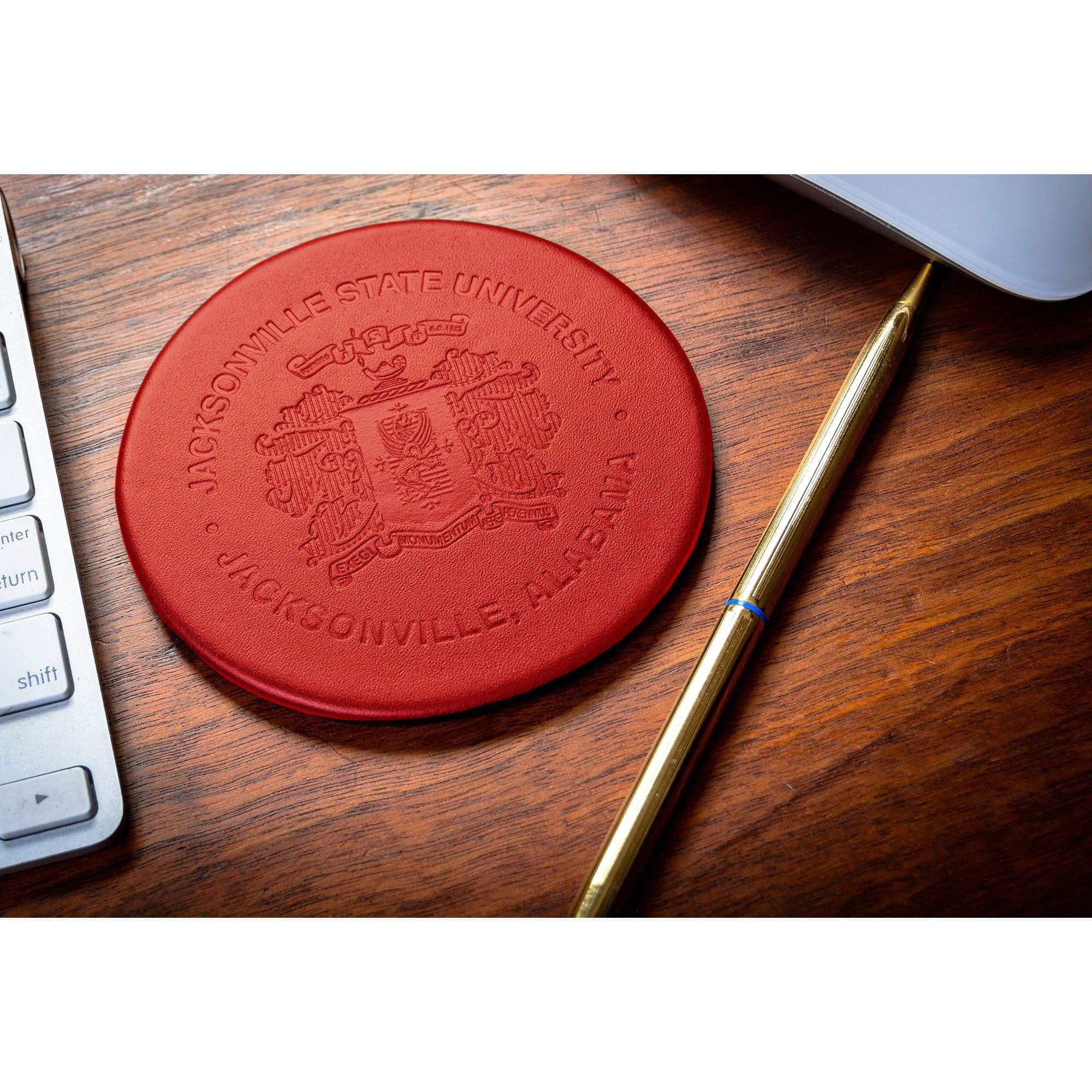 Red Leather 4 Round Coaster Set w/ Holder