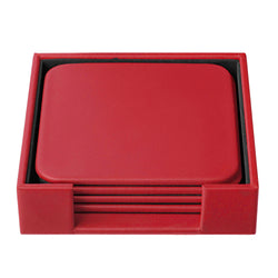 Red Leather 4 Square Coaster Set w/ Holder