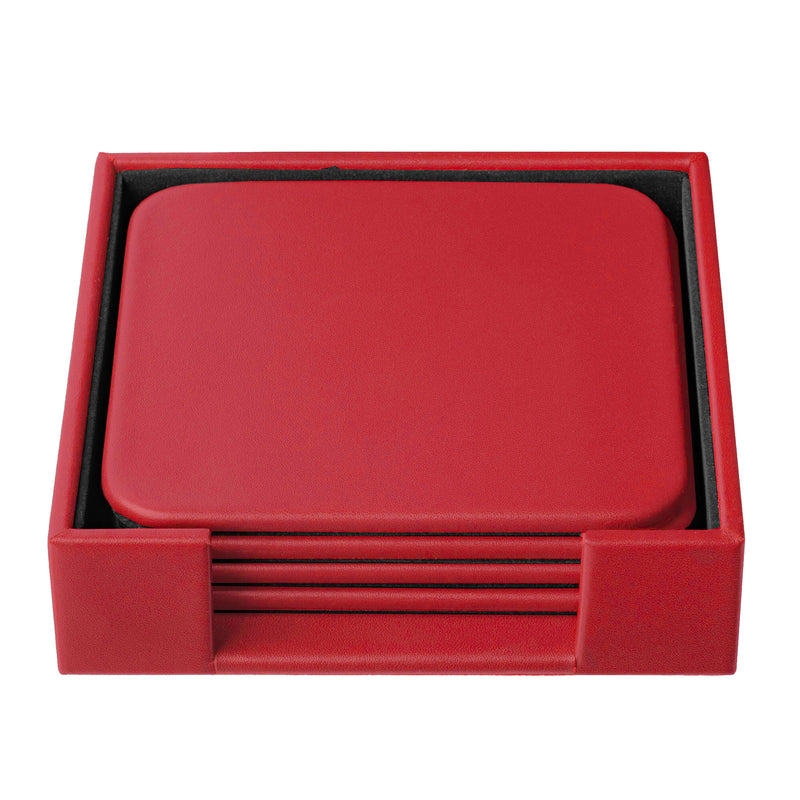 Red Leather 4 Square Coaster Set w/ Holder