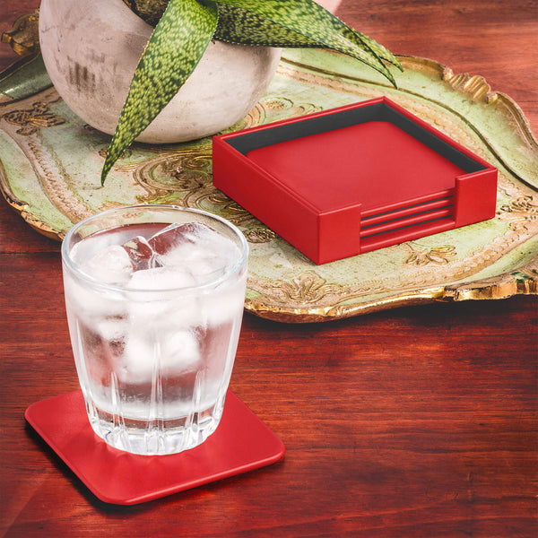 Red Leather 4 Square Coaster Set w/ Holder