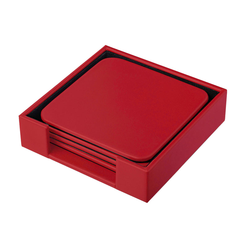 Red Leather 4 Square Coaster Set w/ Holder